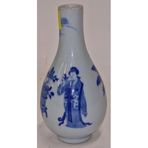 24 - Chinese Kangxi style  blue and white bottle vase depicting young ladies 18cm tall