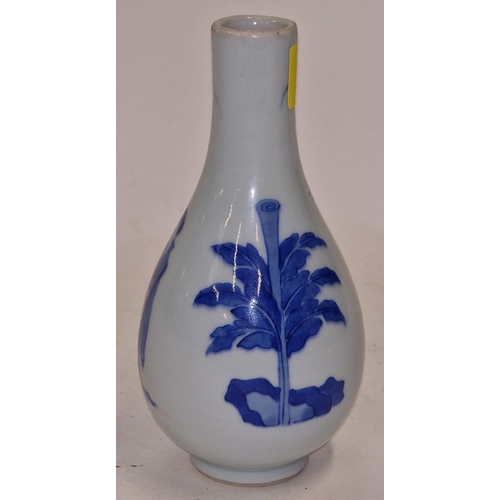 24 - Chinese Kangxi style  blue and white bottle vase depicting young ladies 18cm tall