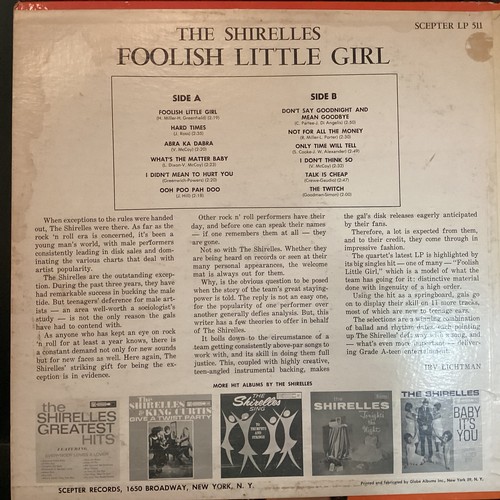 89 - THE SHIRELLES  ‘FOOLISH LITTLE GIRL’ US RELEASE VINYL LP. From 1963 on Scepter Records LP 511 and fo... 