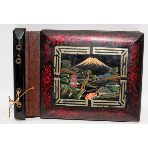 18 - Unused vintage photo album with lacquered boards featuring a Japanese mountain scene.