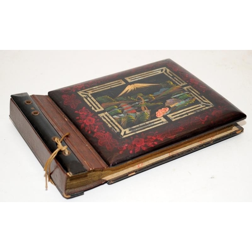 18 - Unused vintage photo album with lacquered boards featuring a Japanese mountain scene.