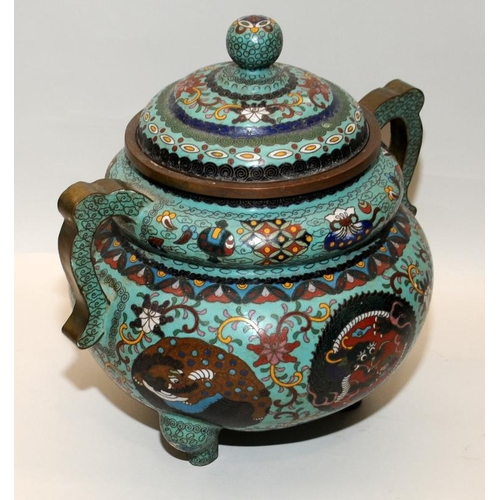 34 - Large cloisonne twin handled lidded urn. O/all height 26cms