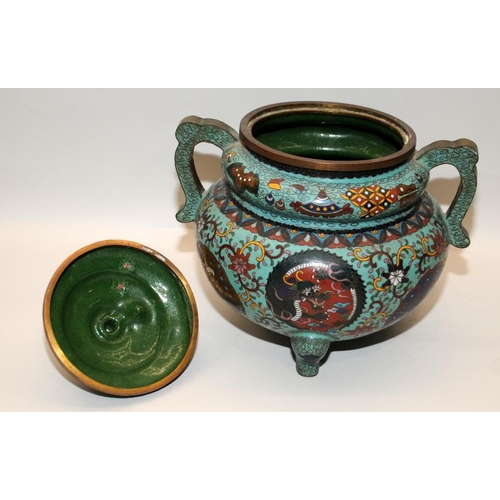 34 - Large cloisonne twin handled lidded urn. O/all height 26cms