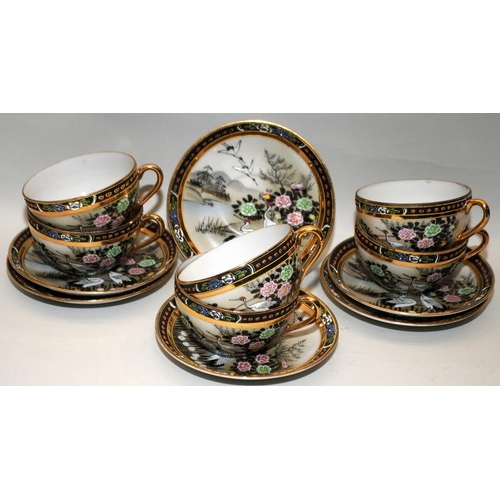 41 - Vintage mid-century hand painted Samurai fine porcelain tea set decorated with auspicious cranes. Se... 