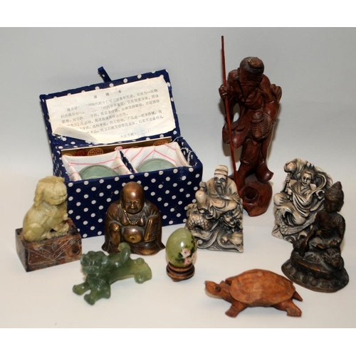 6 - Collection of Oriental ornaments to include Jade, wood, carved stone Bronze and Brass