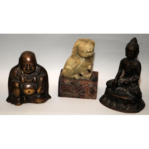 6 - Collection of Oriental ornaments to include Jade, wood, carved stone Bronze and Brass