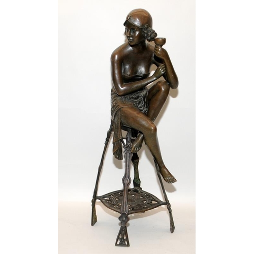 129 - An Art Nouveau Bronze figure of a seated lady with a cup Signed to the seat J.E. Mic and numbered A1... 