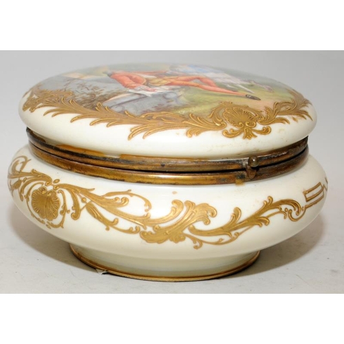 170 - Large circular porcelain lidded pot, hand painted scene featuring a lady and gentleman with gilded a... 