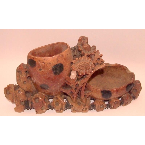 42 - A collection of Oriental carved soapstone double brush pots with animal and foliate decoration. 5 in... 