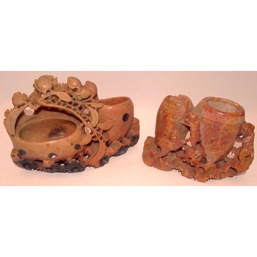 42 - A collection of Oriental carved soapstone double brush pots with animal and foliate decoration. 5 in... 