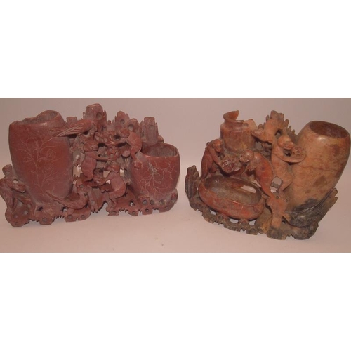 51 - A collection of Oriental carved soapstone double brush pots with animal and foliate decoration. 5 in... 