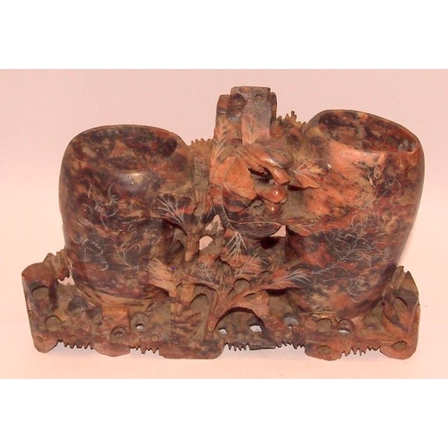 51 - A collection of Oriental carved soapstone double brush pots with animal and foliate decoration. 5 in... 