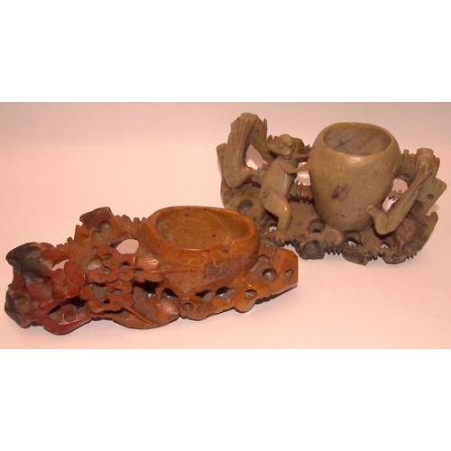 54 - A collection of Oriental carved soapstone brush pots with animal and foliate decoration. 6 in lot