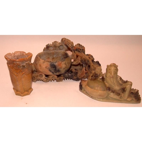 81 - A collection of Oriental carved soapstone brush pots with animal and foliate decoration. 6 in lot