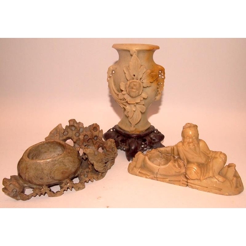 84 - A collection of Oriental carved soapstone brush pots with animal and foliate decoration. 6 in lot