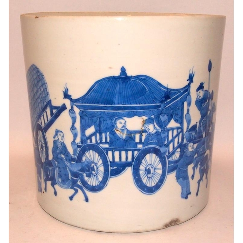 32A - Large Qing dynasty blue and white brush pot depicting the Emperor and Empress conveyed in a carriage... 