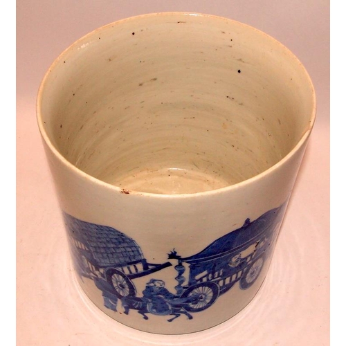 32A - Large Qing dynasty blue and white brush pot depicting the Emperor and Empress conveyed in a carriage... 