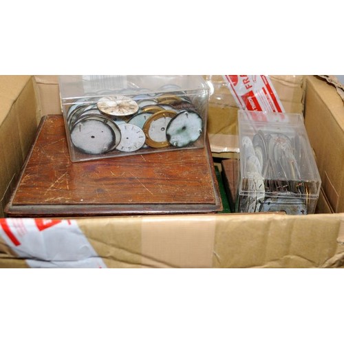 77 - Large box of pocket watch dials, spare parts etc. Good lot to sort through