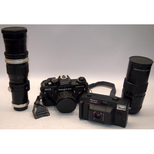 76 - Praktica BC3 Electronic 35mm film SLR camera, c/w m42 mount 200 and 300mm lenses and a Mikona compac... 