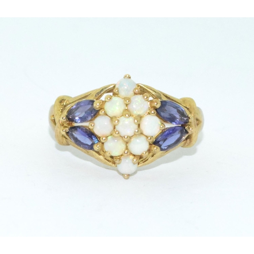 335 - 9ct gold ladies vintage Opal and Amethyst cluster statement ring  4.3g size T