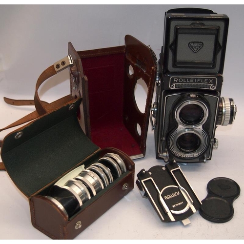 75 - Quality vintage grey body Rollei Rollieflex T TLR twin lens reflex camera c/w tripod adaptor and cas... 