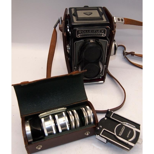 75 - Quality vintage grey body Rollei Rollieflex T TLR twin lens reflex camera c/w tripod adaptor and cas... 