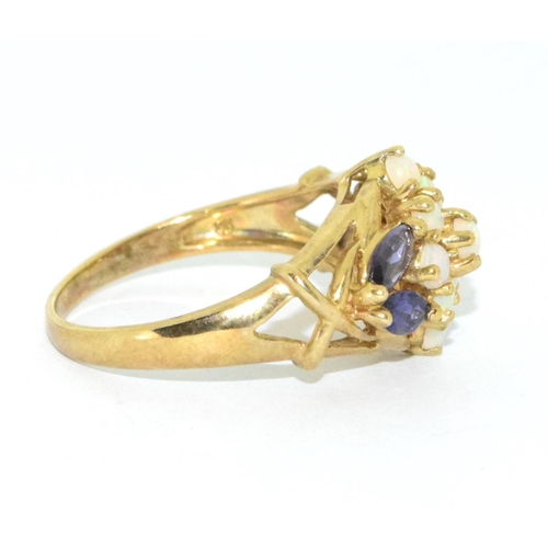 335 - 9ct gold ladies vintage Opal and Amethyst cluster statement ring  4.3g size T