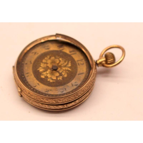 296 - Antique 9ct gold fob watch offered for scrap/spares/repair c/w two antique costume jewellery brooche... 