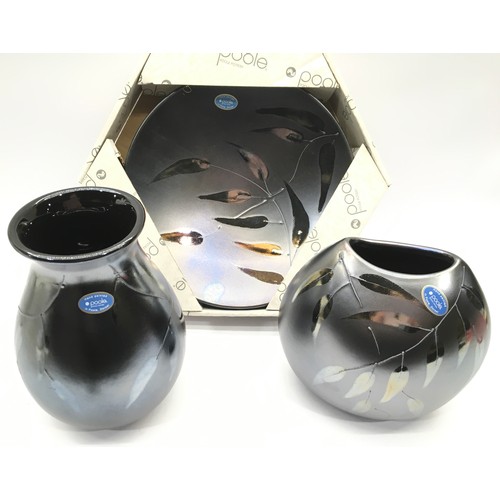 5 - Poole Pottery Zen Pattern Purse vase (20cms) Venetian Vase (20cms), Dish (25cms) all boxed (3)