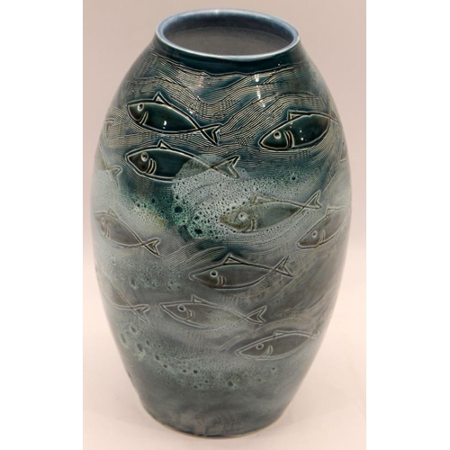 119 - Poole Pottery hand thrown vase by Alan White with incised Fish design comes complete with Certificat... 