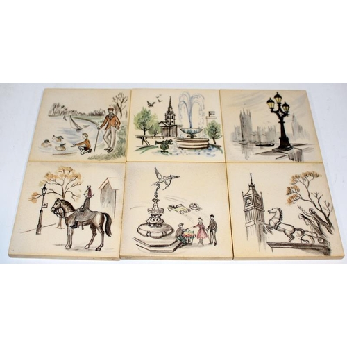 277 - Set of 12 hand painted tiles by Dunsmore tiles from the ‘London Scenes’ series 1954 each tile 4”sq d... 