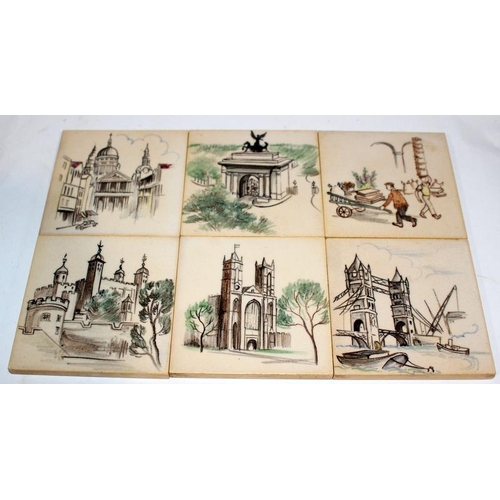 277 - Set of 12 hand painted tiles by Dunsmore tiles from the ‘London Scenes’ series 1954 each tile 4”sq d... 