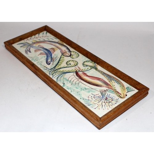 311 - Hand painted tiled tray by Dunsmore Tiles depicting an underwater scene 1950 3x6”sq designed by arti... 