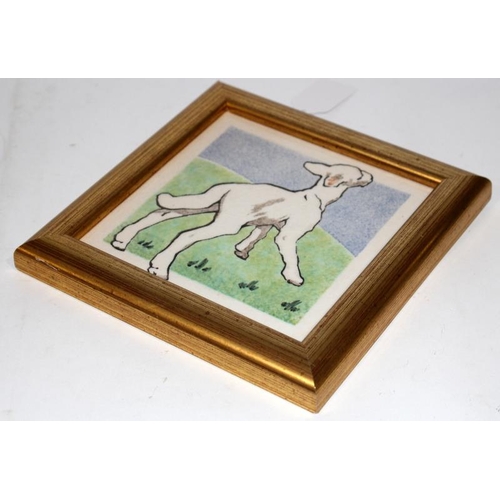 312 - Stencilled tile by Dunsmore Tiles depicting lambs 1932 6”sq designed by Polly Brace