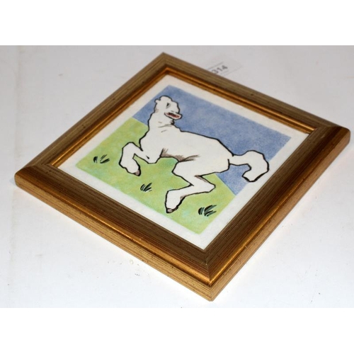 314 - Stencilled tile by Dunsmore Tiles depicting lambs c1930 6”sq designed by Polly Brace