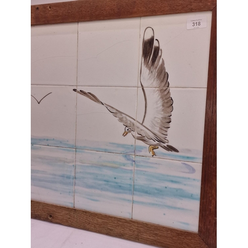 318 - Hand painted tile panel by Dunsmore Tiles depicting seagulls c1926 15x6”sq designed and painted by P... 