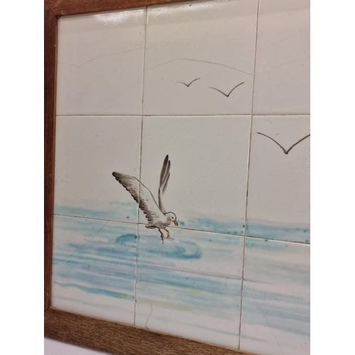 318 - Hand painted tile panel by Dunsmore Tiles depicting seagulls c1926 15x6”sq designed and painted by P... 