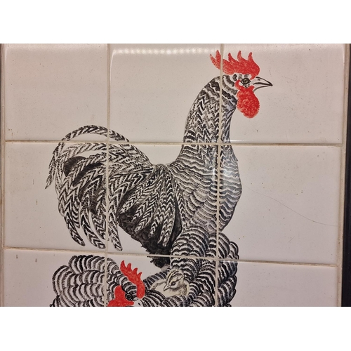 419 - Large framed 12 tile panel depicting Cockeral, Chicken & Chicks, unknown manufacturer 22