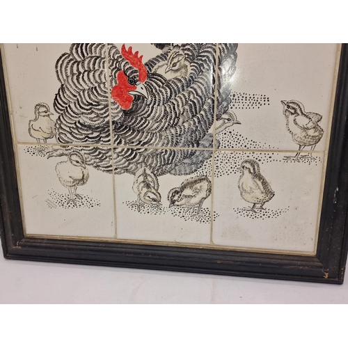 419 - Large framed 12 tile panel depicting Cockeral, Chicken & Chicks, unknown manufacturer 22