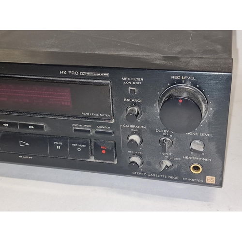 112 - Sony TC-K677ES Stereo Cassette Deck. Lights up when connected to power but will require a service.