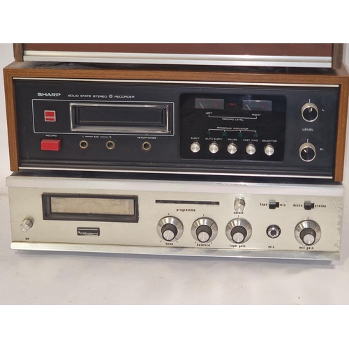 123 - Three vintage 8 track cartridge cassette decks by Metrosound, Sharp and Realistic together with a pa... 