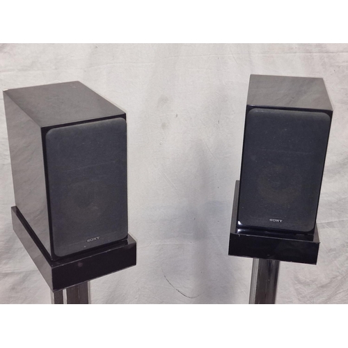 127 - Sony SS-CG1 pair of bookshelf speakers on stands together with a Cambridge Audio S-Series centre lou... 