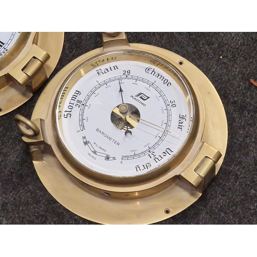 70 - A Plastimo brass bulkhead barometer together with a Plastimo brass bulkhead clock both in the form o... 