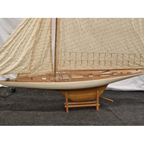 73 - Large Edwardian  wooden Pond yacht, complete with 4 sails and stand fully rigged ,170cm tall includi... 