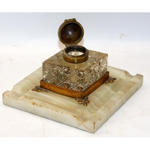 216 - Art Deco cut glass and brass inkwell on an onyx base c/w a mother of pearl card case