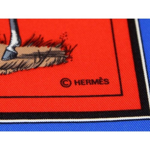 247 - Hermes 'Couvertures et Tenues de Jour' silk scarf featuring horses on a red ground. Designed by Jacq... 