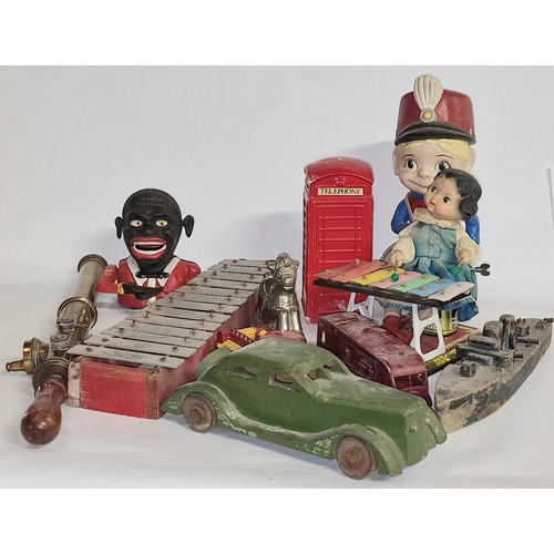 264 - Mixed lot to include vintage toys, Jolly Caribbean man money box, florist's sprayer and other items.