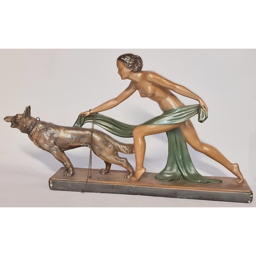 266 - Large vintage Art Deco plaster centrepiece depicting a lady with a dog 76x41x15cm.