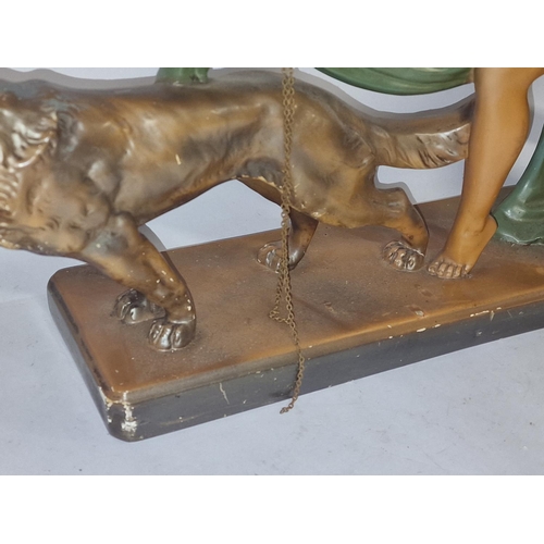 266 - Large vintage Art Deco plaster centrepiece depicting a lady with a dog 76x41x15cm.