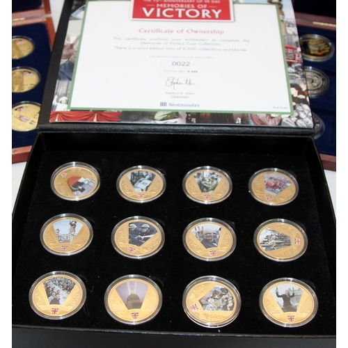 252 - A collection of commemorative coin sets relating to WWI and WWII, colourised and gold plated coins f... 